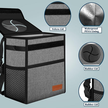 Femuar Car Trash Can Leak Proof Car Trash Bag Waterproof Car Garbage Can with Lid for SUV Front Seat Multipurpose Car Hanging for Headrest Collapsible and Portable with Storage Mesh Pocket, Grey