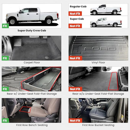 LASFIT Floor Mats for Ford F250 F350 F450 2017-2026 Crew Cab Front Bench Seat | Rear W/Fold-Flat Storage Carpet Floor Super Duty All Weather Protector TPE Car Floor Liner, 1st & 2nd Row, 2pcs Black