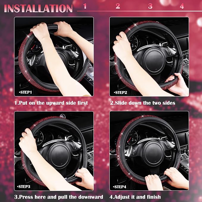 CAR PASS Red Diamond Black Leather Steering Wheel Cover, with Bling Crystal Rhinestones Universal Fit 14" 1/2-15" Crystal Glitter for Women Sparkle Girl Fit Suvs,Vans,Sedans,Cars,Trucks, Red Diamond