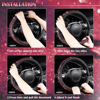 CAR PASS Red Diamond Black Leather Steering Wheel Cover, with Bling Crystal Rhinestones Universal Fit 14" 1/2-15" Crystal Glitter for Women Sparkle Girl Fit Suvs,Vans,Sedans,Cars,Trucks, Red Diamond