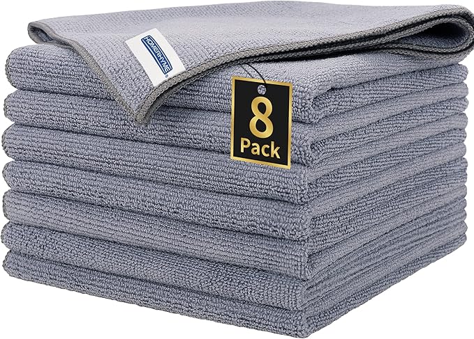 Microfiber Cleaning Cloth, Premium 8 Pack Cleaning Towels, Lint-Free Streak-Free Ultra Absorbent, 300GSM Reusable Microfiber Towel for Cars Shop Garage Home Kitchen, 12.6" x 12.6" Grey