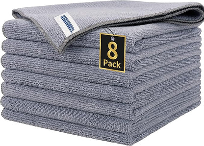 Microfiber Cleaning Cloth, Premium 8 Pack Cleaning Towels, Lint-Free Streak-Free Ultra Absorbent, 300GSM Reusable Microfiber Towel for Cars Shop Garage Home Kitchen, 12.6" x 12.6" Grey