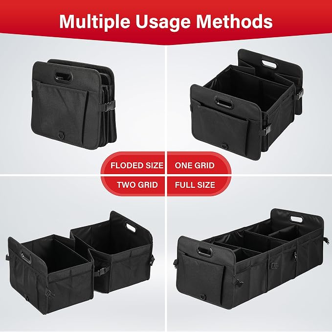 Simple Deluxe Car Trunk Organizer, Multi Compartments Collapsible Trunk Storage, Anti-slip, Waterproof 600D Oxford Polyester, with Adjustable Straps for SUV, Minivan, Truck, Large Size, Black