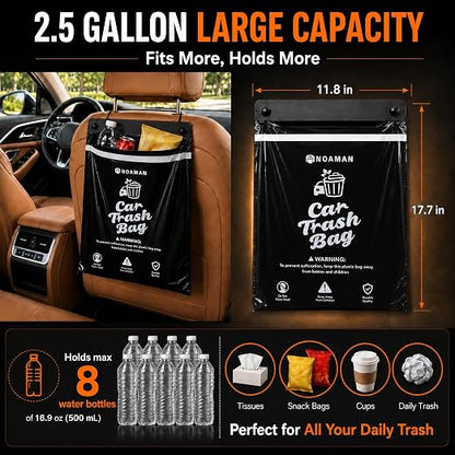 Noaman 2Pack 50PCS Car Trash Bags, 2.5 Gal Leakproof & Smell Proof. Heavy-Duty Garbage Bags for car, SUV, Truck, RV. Stick-on or Headrest Mount. Alternative to Car Trash Can. Black