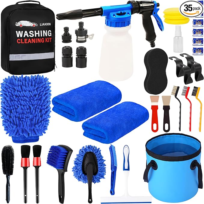 Car Wash Kit with Foam Gun, Bucket and Cleaning Tool, Car Washing Kit | Includes Wash Mitt Tire Brush Sponge Towels Brush Car Cleaning Kit for Interior and Exterior Cleaning, Home or Travel Use