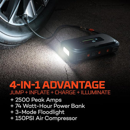 NEBO Assist 2500A Jump Starter & Air Compressor | 2500 Peak Amps, 74Wh Portable Car Jump Box for 12V Vehicles & Tire Inflator with Auto Shut-Off, Spark-Proof, USB-C Power Bank, Emergency LED Light