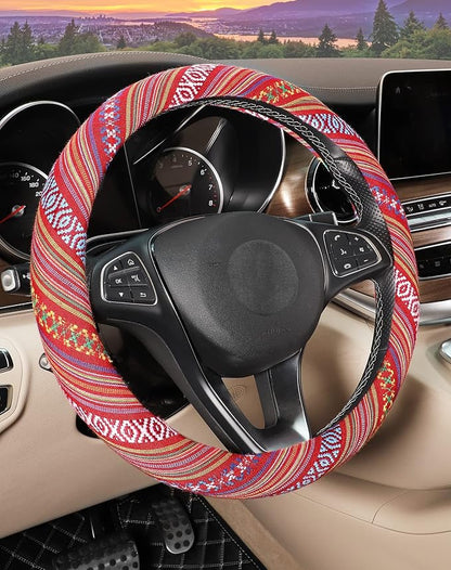 SEG Direct Boho Steering Wheel Cover with Baja Blanket Cloth, Ethnic Style Auto Wheel Cover Made of Coarse Flax, Fits 14 1/2-15 1/4 inches Car Wheel