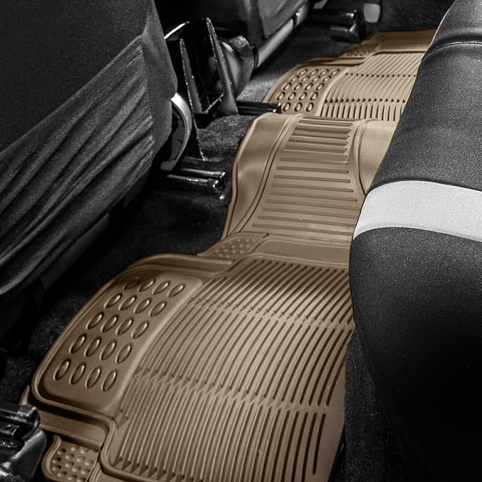 FH Group Trimmable Non-Slip Rubber Floor Mats 3 Row Set - Universal Fit for Cars Trucks and SUVs (Beige) F11305 + F16400