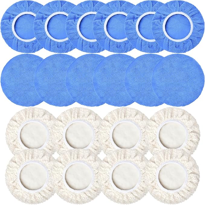 20 PCS Car Polisher Pad Bonnet 5 to 6 Inch , Car Polishing Bonnet Buffing Pads, Lamb Fleece Buffing Pad Cover, 12*Microfiber 8*Woollen