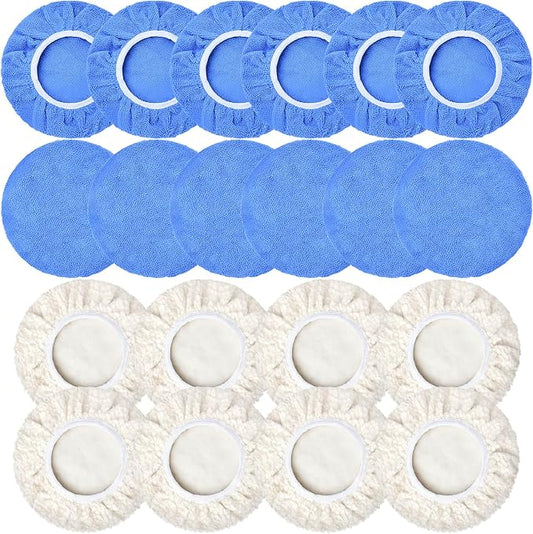 20 PCS Car Polisher Pad Bonnet 5 to 6 Inch , Car Polishing Bonnet Buffing Pads, Lamb Fleece Buffing Pad Cover, 12*Microfiber 8*Woollen