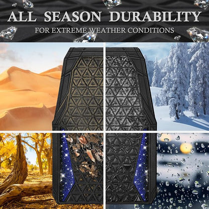 CAR PASS Bling Diamond Car Mats Rubber Floor Mats Full Set Anti-Slip 3D Rhombus Waterproof Trim to Fit Liner Universal Glitter Crystal Sparkly Shining Rhinestone Girl Women SUV Sedan Van, Black Blue