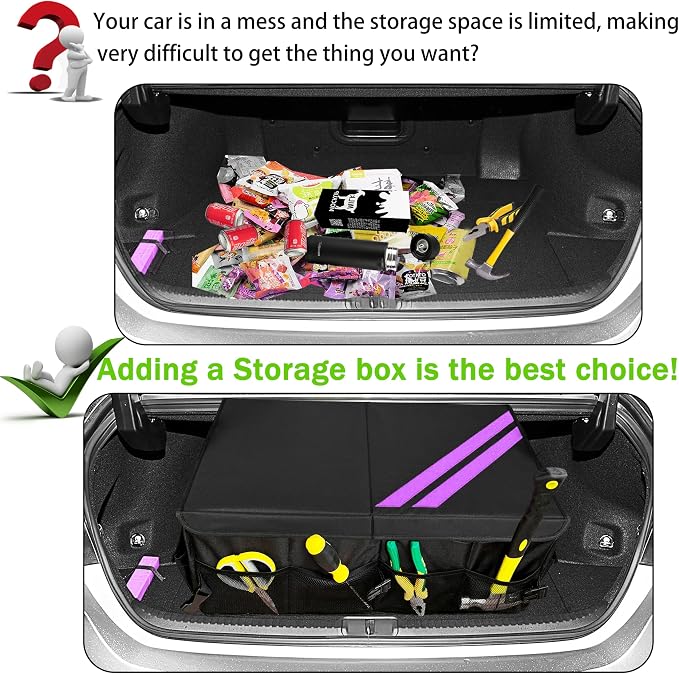 YOSRTER for Dodge Charger Durango Challenger Ram Car Trunk Organizer Collapsible Storage Box with Handle Foldable Lid Non Slip Bottom Sturdy Base Panel 2 Compartment Purple Trim