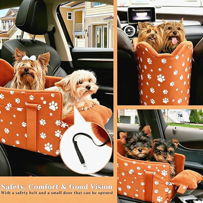 Center Console Dog Car Seat for Medium Dogs - Portable Dogs Armrest Booster Seat, Anti-Collapse Pet Car Seat with Soft Cushion Safety Belt, Support Pet Up to 21lbs (Orange)
