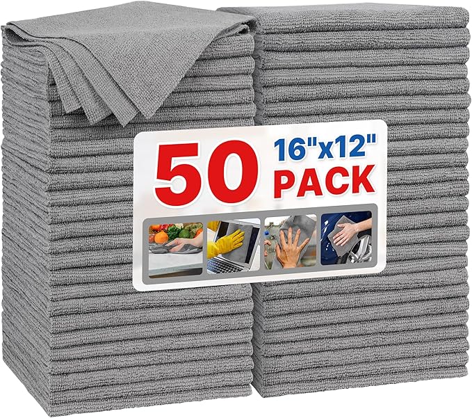 FIXSMITH Grey Microfiber Cleaning Cloth, Pack of 50, 16"X12" Cleaning Rags for Housekeeping and Kitchen, Reusable Shop Towels, Microfiber Towels for Cars, Lint Free, Scratch-Free, Highly Absorbent