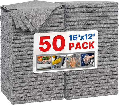FIXSMITH Grey Microfiber Cleaning Cloth, Pack of 50, 16"X12" Cleaning Rags for Housekeeping and Kitchen, Reusable Shop Towels, Microfiber Towels for Cars, Lint Free, Scratch-Free, Highly Absorbent