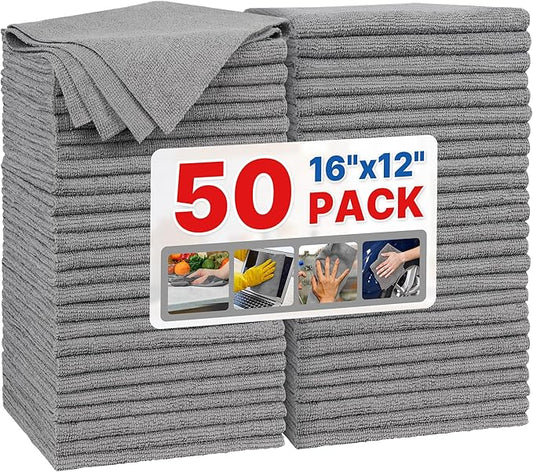 FIXSMITH Grey Microfiber Cleaning Cloth, Pack of 50, 16"X12" Cleaning Rags for Housekeeping and Kitchen, Reusable Shop Towels, Microfiber Towels for Cars, Lint Free, Scratch-Free, Highly Absorbent