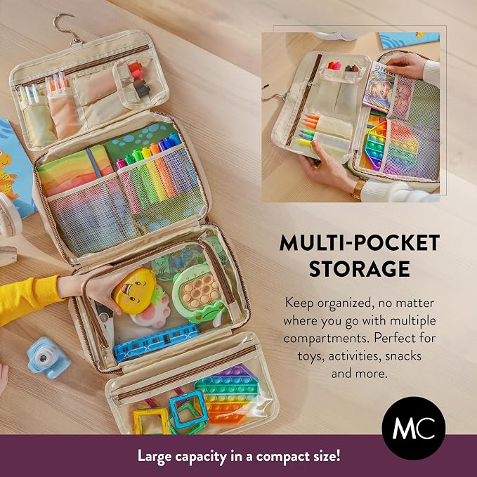 Kids Travel Organizer – Multi-Compartment, Water-Resistant Hanging Bag for Toys, Snacks, & Activities - Compact, Lightweight Design with Hook & Carry Handle - Perfect for Travel Use (Beige, Large)