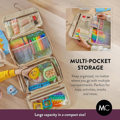 Kids Travel Organizer – Multi-Compartment, Water-Resistant Hanging Bag for Toys, Snacks, & Activities - Compact, Lightweight Design with Hook & Carry Handle - Perfect for Travel Use (Beige, Large)