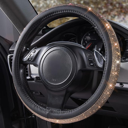 CAR PASS Bling Champagne Diamond Steering Wheel Cover, Black Leather Universal Fit 14.5-15inch Glitter Rhinestones for Women Sparkle Crystal Girly Shining for SUV,Vans,Sedan,Car,Truck, Black Champagne