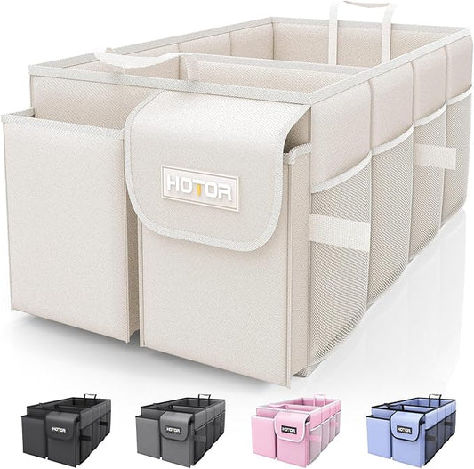 HOTOR Trunk Organizer for Car - Car Organizer, Foldable Trunk organizer for SUVs & Sedans, Sturdy Organization for Car Accessories, Tools, Sundries, Beige, 2 Compartments, 21.3"×12.6"×10.6"