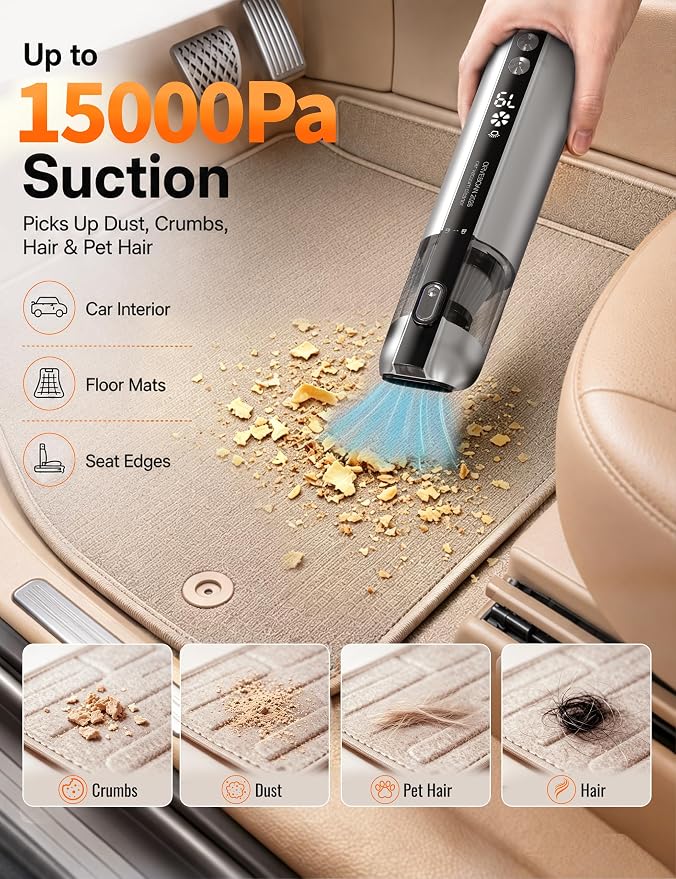 Handheld Cordless Car Vacuum Cleaner 15000Pa, 3-in-1 Portable Vacuum with LED Light,LED Display & Washable HEPA Filter,USB-C Rechargeable, up to 30-Min Runtime for Car, Home, Desk & Pet Hair(white)