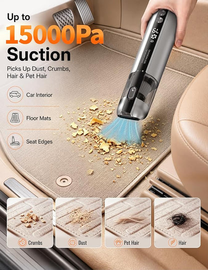 Handheld Cordless Car Vacuum Cleaner 15000Pa, 3-in-1 Portable Vacuum with LED Light,LED Display & Washable HEPA Filter,USB-C Rechargeable, up to 30-Min Runtime for Car, Home, Desk & Pet Hair(white)