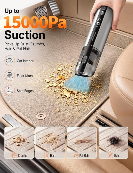 Handheld Cordless Car Vacuum Cleaner 15000Pa, 3-in-1 Portable Vacuum with LED Light,LED Display & Washable HEPA Filter,USB-C Rechargeable, up to 30-Min Runtime for Car, Home, Desk & Pet Hair(white)