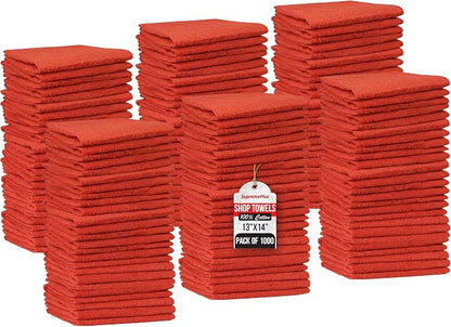 Shop Towels (Red, 1000-Pack) - Bulk Cleaning Towel in a Bag, Mechanic Cotton Wipes for Car Maintenance, Auto Mechanics & Garage, Wipe Grease & Oil, Machine Wash & Reusable