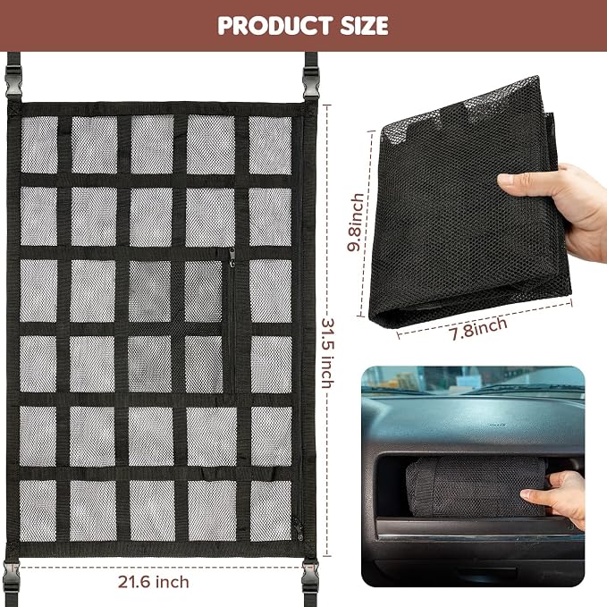 Upgrade Car Ceiling Cargo Net Pocket,31.5"x21.6" Double-Layer Roof Storage Organizer,Overhead Net for SUV & Van Camping,Travel Road Trips,Van Life Essentials,Fit 4 Handle Vehicles