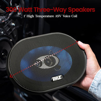 Pyle 5"x7"/6"x8" 3-Way Triaxial Car Speaker Pair – 300W Max/150W RMS, Blue Poly Injection Cone, Butyl Rubber Surround, 1" ASV Voice Coil, 4 Ohm, 80Hz-20kHz - PL573BL