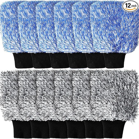 Riakrum 12 Pcs Microfiber Car Wash Mitts, Scratch Free Ultra Absorbent Car Sponge Glove Cleaner Wash Mitts for Car Wheel Trucks Home Cleaning (Black and White,Blue and White)