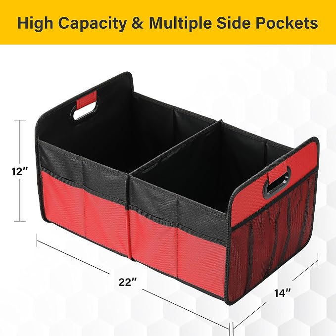 YSSOA 2 Compartments Car Trunk Organizer, 600D Oxford Polyester Car Storage, Anti-slip 14" D x 22" W x 12" H Collapsible Trunk Storage, Suitable for SUV, Minivan, Truck, Red New