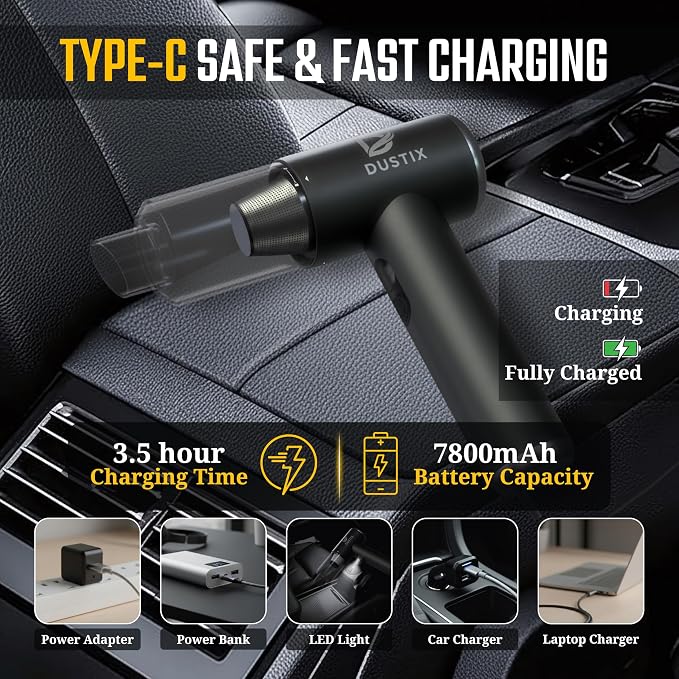 Car Vacuum Cordless Handheld Vacuum Cleaner Mini Portable Car Vacuum Brushless Motor Rechargeable Type C Blower Inflator Deflator Car Cleaning Kit (DX-1 Pro)