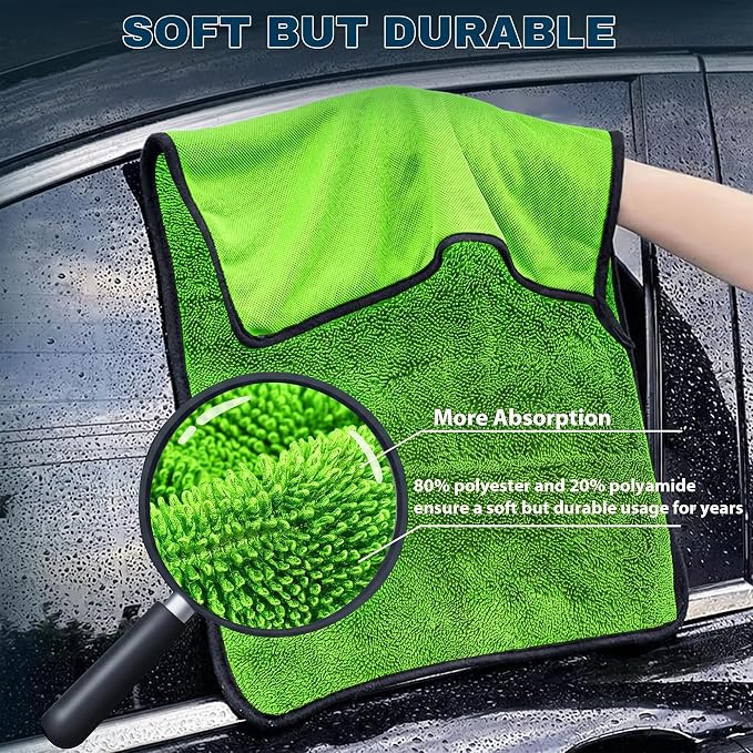 Aidoclip 4PCS Car Drying Towel Microfiber Detailing Kit - 36x24 in Car Towels Cleaning Supplies, Reusable Shammy Quick Dry Cloth for Carwash, for Auto, Boat, RV, Garage & Home (Green)