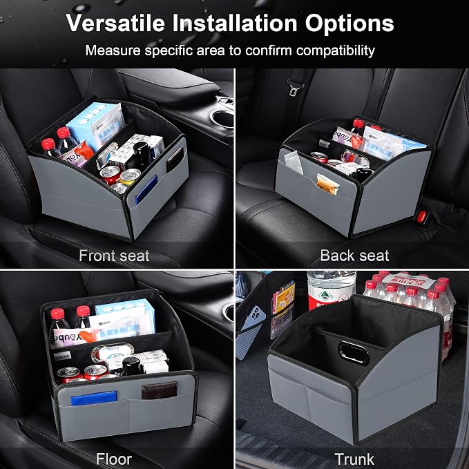 Car Storage Organizer [2025 UPDATED] Leather Car Caddy Basket for Front Seat Floor Back Seats Metal Handle 6 Compartments Adjustable Strap Buckles Slip-Resistant (Gray)