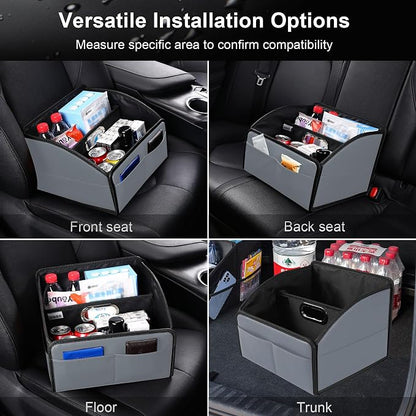 Car Storage Organizer [2025 UPDATED] Leather Car Caddy Basket for Front Seat Floor Back Seats Metal Handle 6 Compartments Adjustable Strap Buckles Slip-Resistant (Gray)
