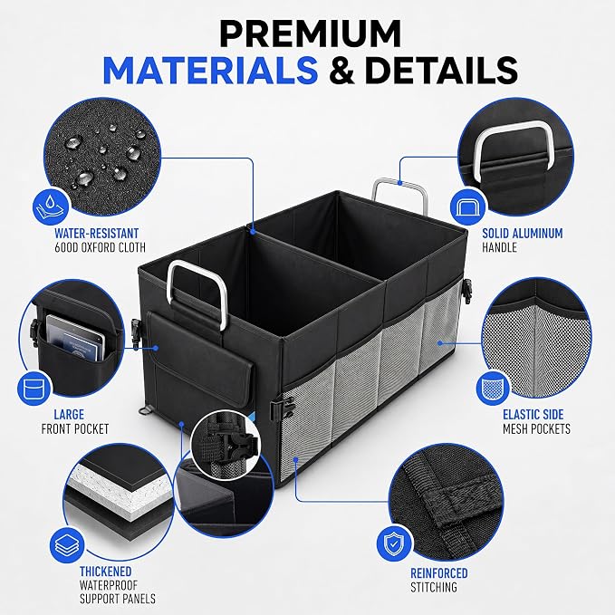 Car Trunk Organizer, Portable, Collapsible, Waterproof, Oxford Cloth, Aluminum Handle, Ideal for SUVs, Cars, Camping, Storage