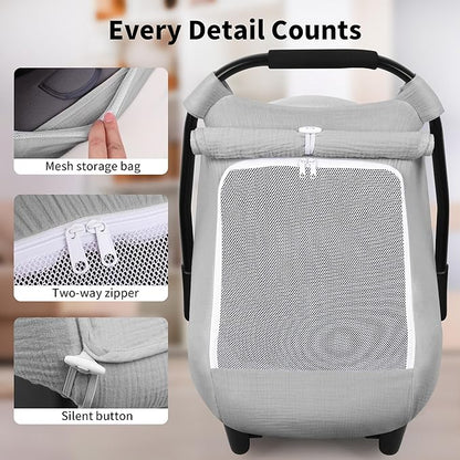 Rquite Car Seat Cover Baby, Carseat Covers Girl Boy, Breathable Muslin Cotton, Large Mesh Window, Infant Car Seat Canopy Baby Carrier Cover Stroller Sun Shade for Summer & Hot Day, Grey