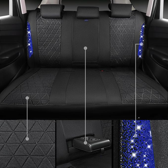CAR PASS Oxford Bling Diamond Car Seat Covers Full Set Interior Sets, Waterproof Shining Glitter Sparkly Crystal Universal Armrest Fit 95% Automotive Truck SUV Cute Women Girl, Black Blue Rhinestone