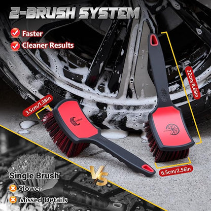 BMLEI Wheel & Tire Brush Set, 2 Pack Car Wheel Brush & Tire Cleaner Brushes, Soft Bristle Rim Brush and Stiff Tire Scrub Brush, Scratch-Free Wheel Cleaning Kit for Car Detailing, Trucks, SUVs