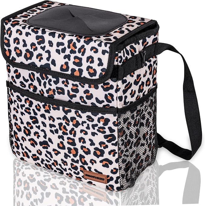SIBOFUEGO Cute Car Trash Can with Lid – Multipurpose Collapsible Trash Bin for Car, Leak-Proof Organizer, Waterproof Garbage Can with Storage Pockets & Adjustable Straps, 2 Gallons (Leopard Print)