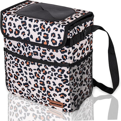SIBOFUEGO Cute Car Trash Can with Lid – Multipurpose Collapsible Trash Bin for Car, Leak-Proof Organizer, Waterproof Garbage Can with Storage Pockets & Adjustable Straps, 2 Gallons (Leopard Print)