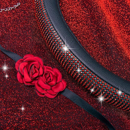CAR PASS Red Diamond Black Leather Steering Wheel Cover, with Bling Crystal Rhinestones Universal Fit 14" 1/2-15" Crystal Glitter for Women Sparkle Girl Fit Suvs,Vans,Sedans,Cars,Trucks, Red Diamond