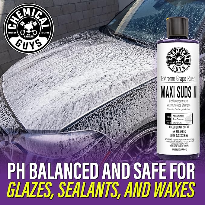 Chemical Guys CWS/1010/64 Maxi-Suds II Foaming Car Wash Soap (Works with Foam Cannons, Foam Guns or Bucket Washes) Safe for Cars, Trucks, Motorcycles, RVs & More, 64 fl. Oz (Half Gallon), Grape Scent