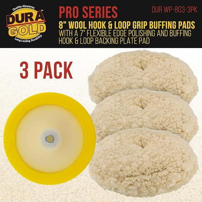 Dura-Gold 3 Pack of 8 100% Wool Hook & Loop Grip Buffing Pads with a 7" Flexible Edge Backing Plate - Compound Cutting, Polishing - Fits Auto Car Detailing Polisher Sanders - Paint, Boat