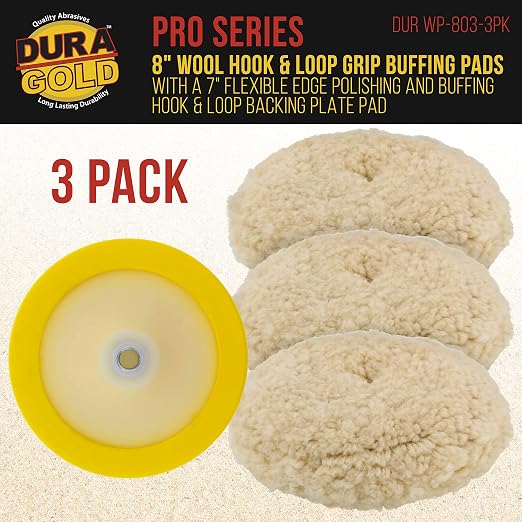 Dura-Gold 3 Pack of 8 100% Wool Hook & Loop Grip Buffing Pads with a 7" Flexible Edge Backing Plate - Compound Cutting, Polishing - Fits Auto Car Detailing Polisher Sanders - Paint, Boat