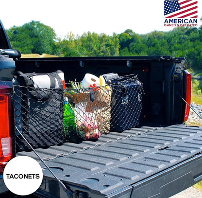 TacoNets Envelope Cargo Net for GMC Sierra & Chevy Silverado - Fits 2013-Current - Upgraded 5mm Bungee - Integrated Storage Bag - Heavy Duty Carabiners - Designed in USA
