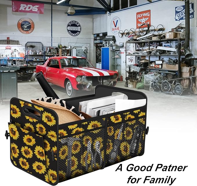 Femuar Car Trunk Organizer with 72L Large Capacity Waterproof Collapsible and 11 Pockets, Trunk Organizer for Car SUV/Jeep/Sedan, Large Size, Sunflower