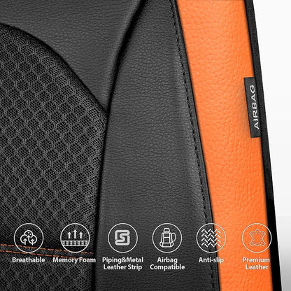 CAR PASS Memory Foam Car Seat Covers,Air Cool Mesh Thick Seat Covers Front Seats,Orange Leather Seat Covers for Car,Universal Automotive Comfort for Most Cars,SUV,Trucks,Airbag Compatible,Black Orange