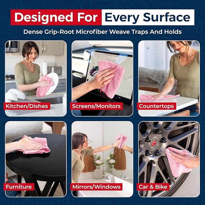 USANOOKS Microfiber Cleaning Cloth Light Pink - 8 Pcs 12.5"x12.5" - High Performance - 1200 Washes, Ultra Absorbent Towels Weave Grime & Liquid for Streak-Free Mirror Shine - Car Washing Cloth
